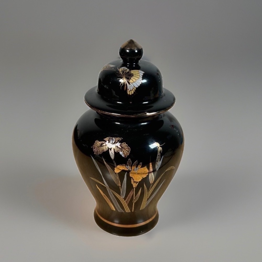 Japanese Asian Black Ginger Jar + Lid Oriental Floral Butterfly Decor Accent
